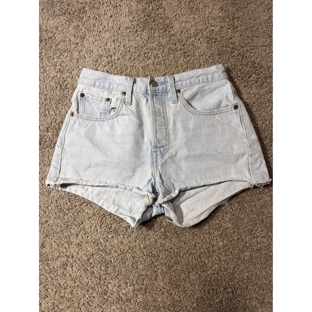 Levis 501 High Rise Denim Shorts Light Wash Blue Cut Off Button Fly Womens